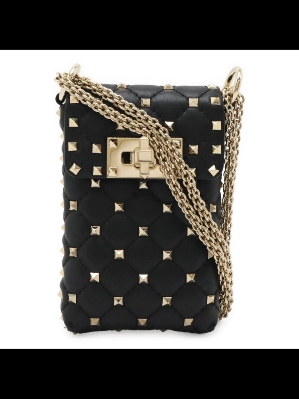 Valentino Garavani Black Quilted Studded Crossbody with Gold Chain